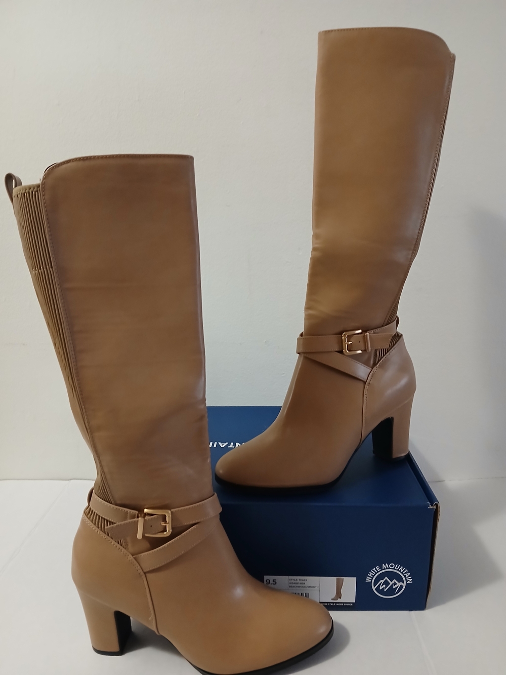 Women's Tan Knee-High Heeled Boots with Buckle Strap